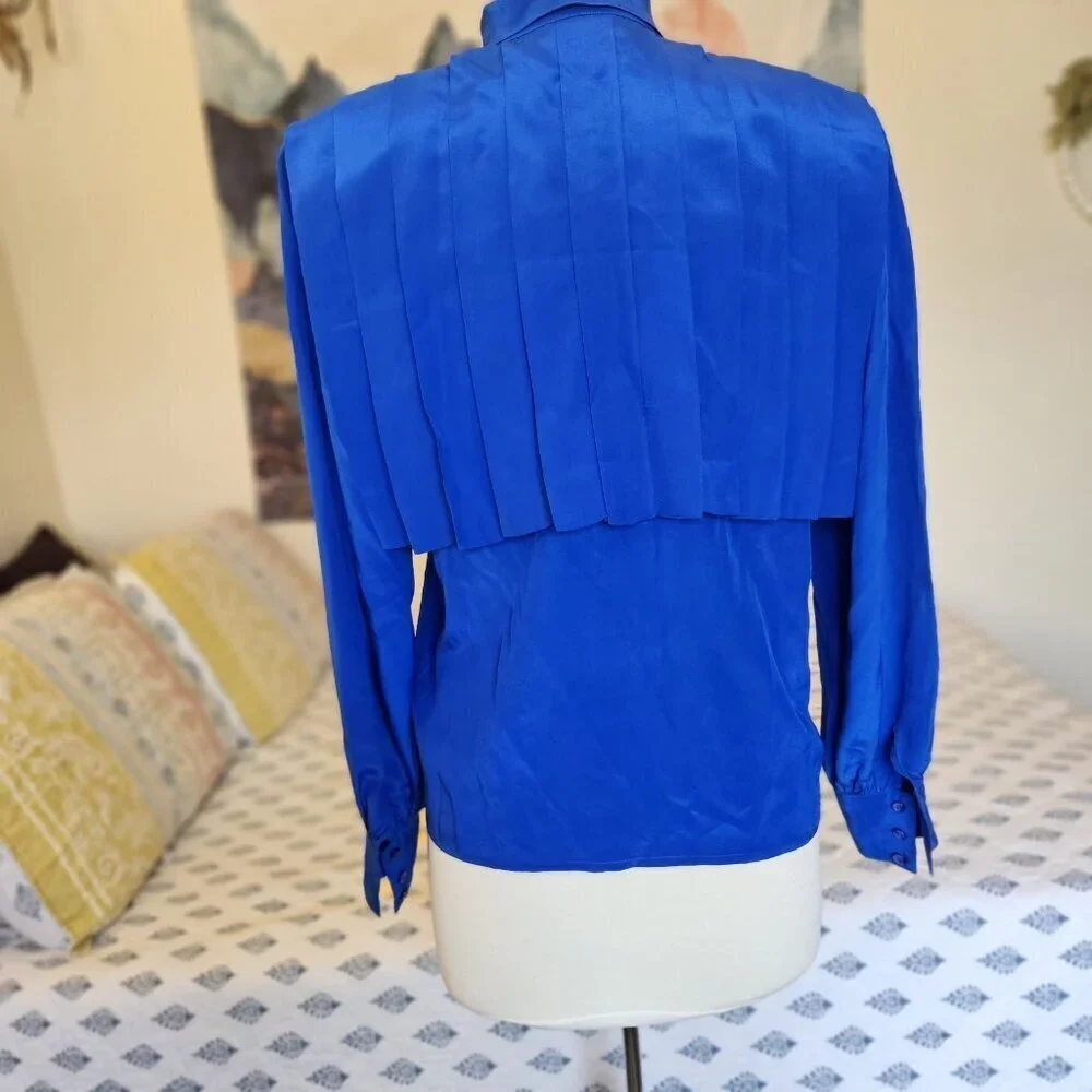 Francesca of Damon Royal Blue 100% SILK Pleated Blouse Vintage 80s 6 - Picture 4 of 16